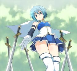 Rule 34 | 10s, 1girl, bare shoulders, blue eyes, blue hair, cape, ekra, female focus, field of blades, from below, frown, gloves, hand on own hip, hip focus, mahou shoujo madoka magica, mahou shoujo madoka magica (anime), matching hair/eyes, miki sayaka, outstretched hand, panties, pantyshot, pleated skirt, short hair, skirt, solo, standing, striped clothes, striped panties, sword, thighhighs, underwear, upskirt, weapon, white thighhighs