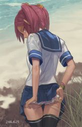 Rule 34 | 10s, 1girl, 2014, adjusting clothes, adjusting panties, ass, black thighhighs, blue skirt, clothes lift, dated, food print, from behind, hair bobbles, hair ornament, kantai collection, lifted by self, looking back, outdoors, panties, pink eyes, pink hair, pleated skirt, print panties, sazanami (kancolle), school uniform, serafuku, short hair, short sleeves, short twintails, skirt, skirt lift, solo, standing, strawberry panties, strawberry print, thighhighs, toro (konirio), twintails, underwear, undressing, white panties
