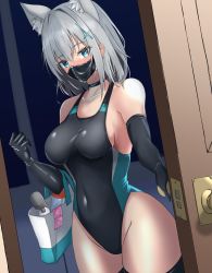 Rule 34 | 1girl, absurdres, animal ears, bag, bare shoulders, black choker, black gloves, black one-piece swimsuit, black thighhighs, blue archive, blue eyes, breasts, choker, collarbone, commentary request, competition swimsuit, condom, condom wrapper, core1013, covered mouth, covered navel, elbow gloves, gloves, grey hair, hair ornament, highres, looking at viewer, mask, medium breasts, medium hair, mouth mask, one-piece swimsuit, sex toy, shiroko (blue archive), solo, swimsuit, thighhighs, thighs, vibrator