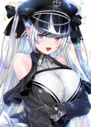 Rule 34 | 1girl, armband, azur lane, black corset, black hat, black ribbon, breasts, chain, clothing cutout, corset, cross, dress, elbe (azur lane), fang, frilled dress, frills, hair between eyes, hair ribbon, hat, iron cross, large breasts, layered dress, leotard, long hair, looking at viewer, multicolored hair, peaked cap, red armband, ribbon, shoulder cutout, silver hair, skin fang, solo, streaked hair, twintails, underboob cutout, white leotard, y2