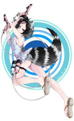 Rule 34 | 1girl, :/, alternate costume, animal ears, armpits, arms up, ass, back, back bow, bare arms, bare legs, black hair, bow, breasts, casual, closed mouth, common raccoon (kemono friends), contemporary, dated, dress, dual wielding, flat ass, floating hair, from side, full body, grey hair, highres, holding, holding water gun, kemono friends, looking at viewer, medium hair, multicolored hair, nanana (nanana iz), outstretched leg, raccoon ears, raccoon girl, raccoon tail, sandals, short dress, short shorts, shorts, shorts under dress, sideboob, sleeveless, sleeveless dress, small breasts, soles, solo, tail, thigh strap, toes, twisted torso, two-tone hair, water gun