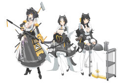 Rule 34 | 3girls, :&lt;, absurdres, animal ears, apron, bahao diqiu, belt, belt pouch, black dress, black footwear, black gloves, black hair, black legwear, black skirt, black sleeves, blush, bow, bracer, breasts, broom, cat ears, cat girl, cat tail, chest strap, cleavage, cleavage cutout, closed mouth, clothing cutout, commentary, detached sleeves, dress, duster, english text, feather duster, feathered wings, fingerless gloves, full body, gloves, hair bow, high heels, highres, holding, holding mop, large breasts, layered skirt, light blush, long hair, long sleeves, looking at viewer, low wings, maid, maid apron, maid headdress, medium breasts, mop, multicolored hair, multiple girls, orange eyes, original, pantyhose, petticoat, pitcher (container), pouch, revealing clothes, salt shaker, see-through, serving cart, short hair, simple background, skirt, standing, standing on one leg, streaked hair, tail, tongue, tongue out, tray, wet floor sign, white background, white hair, white legwear, wings, yellow bow, yellow eyes