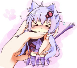 Rule 34 | &gt; &lt;, 1girl, :t, afterimage, ahoge, analog kenshi (moto), animal ears, blush, cat ears, cat tail, chibi, closed eyes, closed mouth, dress, flying sweatdrops, hair between eyes, hair ornament, holding, in palm, jacket, kemonomimi mode, long hair, long sleeves, mini person, minigirl, motion lines, open clothes, open jacket, out of frame, paw print, purple dress, purple hair, purple thighhighs, solo focus, tail, tears, thighhighs, very long hair, vocaloid, voiceroid, white background, yuzuki yukari