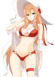 Rule 34 | 1girl, bare shoulders, bikini, blonde hair, breasts, choker, cleavage, drill hair, fn-49 (daydream under the parasol) (girls&#039; frontline), fn-49 (girls&#039; frontline), girls&#039; frontline, gluteal fold, green eyes, hand up, hat, long hair, looking at viewer, medium breasts, navel, off shoulder, official alternate costume, red bikini, signature, simple background, solo, stomach, sun hat, swimsuit, thigh strap, thighs, twin drills, unel, very long hair, white background, white hat