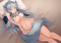 Rule 34 | 1girl, ahoge, animal ears, arm behind head, blue eyes, blush, breasts, commentary request, commission, feet out of frame, fur trim, grey hair, groin, hand on own hip, looking at viewer, lying, medium breasts, navel, nipples, nude, on back, on bed, original, parted lips, pillow, sasa onigiri, skeb commission, smile, solo, tail, tail censor, wolf ears, wolf girl, wolf tail