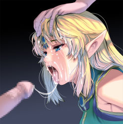 Rule 34 | 1girl, 2boys, after fellatio, aqua eyes, bare shoulders, blonde hair, censored, cum, cum in mouth, cum on hair, cum on tongue, cum string, elf, erection, facial, forehead jewel, from side, gradient background, half-closed eyes, hand on another&#039;s head, hetero, highres, jewelry, kouno (masao), mosaic censoring, multiple boys, open mouth, original, penis, pointy ears, rape, solo focus, tears, tongue, tongue out