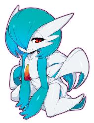 Rule 34 | 1girl, alternate color, averting eyes, bad id, bad twitter id, blue hair, blue skin, breasts, collarbone, colored skin, creatures (company), female focus, full body, game freak, gardevoir, gen 3 pokemon, hair over one eye, half-closed eyes, highres, looking to the side, multicolored skin, navel, nintendo, no nipples, outline, pokemon, pokemon (creature), red eyes, shiny pokemon, shiny skin, short hair, simple background, sitting, slugbox, small breasts, solo, two-tone skin, wariza, white background, white skin