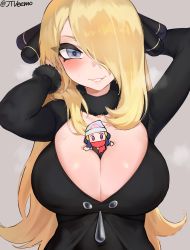 Rule 34 | 2girls, arm behind head, arms up, beanie, between breasts, blonde hair, breasts, chibi, cleavage, creatures (company), cynthia (pokemon), dawn (pokemon), fur-trimmed sleeves, fur collar, fur trim, game freak, grey background, hair over one eye, hand in own hair, hat, jtveemo, large breasts, long hair, looking at viewer, mini person, minigirl, multiple girls, nintendo, pokemon, pokemon bdsp, pokemon dppt, red scarf, scarf, smile, upper body