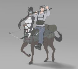 Rule 34 | absurdres, animal ears, black hair, bow (weapon), centaur, dark skin, gloves, gun, highres, lever action, night-vision device, original, ponytail, simple background, tactical clothes, tail, taur, weapon, white gloves, yamanata