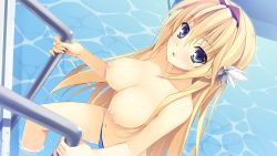 Rule 34 | 1girl, :d, bikini, blonde hair, blush, breasts, caustics, cleavage, collarbone, elcia harvence, game cg, hair intakes, hair ornament, hairband, koikishi purely kiss, large breasts, long hair, navel, nipples, open mouth, panties, partially submerged, pool, pool ladder, puffy nipples, smile, solo, swimsuit, topfreedom, topless, underwear, water, wet, wet hair, yuuki hagure