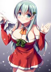 Rule 34 | 10s, 1girl, aqua hair, arm warmers, bare shoulders, blush, breasts, christmas tree hair ornament, cleavage, detached collar, dress, fukase ayaka, green eyes, hair ornament, holding, kantai collection, large breasts, long hair, looking at viewer, neckerchief, night, night sky, red dress, sack, sky, sleeves past wrists, smile, snow, solo, suzuya (kancolle), upper body