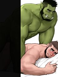 Rule 34 | 2boys, abs, anal, bara, beard, blush, censored, colored skin, completely nude, dopey (dopq), facial hair, fangs, fantasy, green skin, happy sex, highres, interspecies, looking at another, lying, male focus, male penetrated, mature male, monster boy, multiple boys, muscular, muscular male, nipples, nude, on stomach, orc, original, paid reward available, pectorals, sex, short hair, size difference, smile, stomach, thick eyebrows, thighs, warrior, yaoi