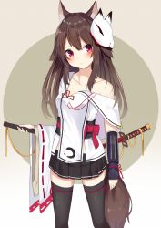 Rule 34 | 1girl, animal ear fluff, animal ears, arm grab, bare shoulders, black skirt, black thighhighs, blush, bow, brown hair, closed mouth, collarbone, commentary request, fox ears, fox girl, fox mask, fox tail, head tilt, highres, katana, long hair, long sleeves, looking at viewer, mask, mask on head, mizuki ryuu, obi, off shoulder, original, pleated skirt, red bow, red eyes, ribbon-trimmed sleeves, ribbon trim, sash, sheath, sheathed, single sleeve, skirt, solo, standing, sword, tail, thighhighs, very long hair, weapon, wide sleeves