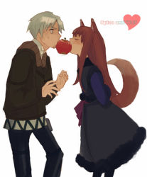 Rule 34 | 00s, 1boy, 1girl, apple, craft lawrence, food, fruit, heart, holding, holding food, holding fruit, holo, spice and wolf, valentine, wolf ears