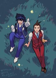 Rule 34 | 2boys, :d, ace attorney, antenna hair, apollo justice, aqua necktie, arms at sides, black hair, blue jacket, blue jumpsuit, bracelet, brown footwear, brown hair, buttons, clay terran, clenched teeth, collared jacket, collared shirt, formal, from above, gloves, highres, jacket, jewelry, jumpsuit, lapel pin, lapels, long sleeves, looking at viewer, looking up, male focus, multiple boys, necktie, on grass, open clothes, open jacket, open mouth, pants, pocket, pointing, pointing at viewer, pointing up, pokeno255, red pants, red suit, red vest, shirt, short hair, sitting, sleeve cuffs, sleeves rolled up, smile, spiked hair, suit, teeth, translation request, twitter username, vest, visor cap, white footwear, white gloves, white shirt