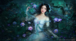 Rule 34 | 1girl, artist name, artstation username, bare shoulders, black hair, dress, flower, gem, grey eyes, hand up, highres, jewelry, lily (flower), lily pad, long hair, looking at viewer, necklace, original, parted lips, partially submerged, ruoxin zhang, solo