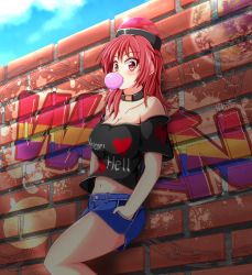 Rule 34 | 1girl, aospanking, blue sky, breasts, brick wall, blowing bubbles, chewing gum, choker, cleavage, clothes writing, cloud, collarbone, day, graffiti, hands in pockets, heart, hecatia lapislazuli, knee up, leaning on object, looking at viewer, medium breasts, navel, outdoors, red eyes, red hair, shirt, short hair, short shorts, shorts, sky, solo, strapless, t-shirt, touhou