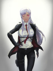 Rule 34 | 1girl, absurdres, ak-12 (girls&#039; frontline), alternate costume, arm at side, belt, black pants, black suit, braid, breasts, clothes writing, collared shirt, commentary request, cowboy shot, formal, french braid, girls&#039; frontline, gloves, gradient background, half-closed eye, hand on own hip, highres, long hair, necktie, one eye closed, pants, partially fingerless gloves, purple eyes, red neckwear, shirt, sidelocks, signature, silver hair, simple background, smile, strap, suit, thigh strap, un lim
