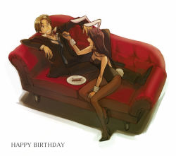 Rule 34 | 1boy, 1girl, animal ears, bad id, bad pixiv id, cake, couch, fake animal ears, feeding, food, formal, glasses, happy birthday, kalnow, legs, long hair, original, pantyhose, pastry, playboy bunny, rabbit ears, rabbit tail, red upholstery, sitting, suit, tail, wrist cuffs