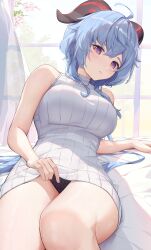 Rule 34 | 1girl, absurdres, ahoge, alternate costume, arm support, bare shoulders, black panties, blue hair, breasts, commentary, curtains, day, dress, foreshortening, ganyu (genshin impact), genshin impact, goat horns, highres, horns, indoors, large breasts, long hair, looking at viewer, paid reward available, panties, parted lips, purple pupils, reclining, rosumerii, sleeveless, sleeveless sweater, solo, sweater, sweater dress, symbol-shaped pupils, thighs, turtleneck, turtleneck sweater, underwear, very long hair, white sweater, window