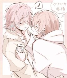 Rule 34 | 2boys, blush, border, closed eyes, facing another, fang, fur-trimmed jacket, fur trim, hari nyan nyan, highres, hood, hood down, hoodie, jacket, male focus, miyama kei, multiple boys, musical note, open mouth, orange hair, paradox live, pink border, pink hair, rokuta (paradox live), short hair, speech bubble, spoken musical note, thought bubble, translation request, white background, white hoodie, yellow jacket