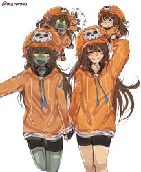 Rule 34 | 2girls, absurdres, arc system works, artist name, bike shorts, brown eyes, brown hair, chibi, clothed robot, dual persona, guilty gear, guilty gear strive, highres, holding hands, hood, hoodie, humanoid robot, may (guilty gear), mil17459623, multiple girls, orange headwear, orange hoodie, robo-may, robot, twitter username