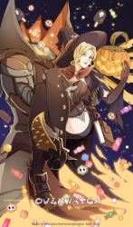 Rule 34 | 1boy, 1girl, alternate costume, blonde hair, blue eyes, breasts, brown gloves, brown thighhighs, candy, carrying, cleats, cleavage, coat, copyright name, dress, dullahan, earrings, elbow gloves, eyes visible through hair, fire, food, gauntlets, gloves, gradient background, halloween, halloween costume, hat, headless, highres, jack-o&#039;-lantern, jack-o&#039;-lantern earrings, jacket, jewelry, lips, looking at viewer, medium breasts, mercy (overwatch), nose, official alternate costume, overwatch, overwatch 1, princess carry, pumpkin reaper, purple background, reaper (overwatch), short sleeves, sparkle, thighhighs, trench coat, watermark, web address, witch, witch hat, witch mercy, xiaozhan