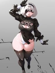 Rule 34 | 1girl, ass, black blindfold, black dress, blindfold, clothing cutout, covered eyes, curvy, dress, feather-trimmed sleeves, feather trim, gloves, highleg, highleg leotard, highres, huge ass, lastofrabbit, leotard, leotard under clothes, mole, mole under mouth, nier:automata, nier (series), nintendo switch, shiny skin, solo, thighhighs, white hair, white leotard, wide hips, 2b (nier:automata)