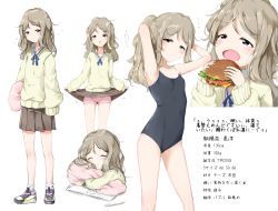 Rule 34 | 1girl, blue neckwear, blush, brown eyes, brown skirt, burger, character sheet, clothes lift, drooling, food, highres, holding, light brown hair, messy hair, multiple views, neck ribbon, original, pleated skirt, ribbon, shorts, shorts under skirt, skirt, skirt lift, sleeves past fingers, sleeves past wrists, sweater, yellow sweater, zagashira