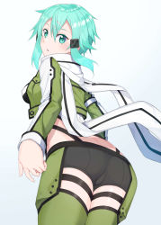 Rule 34 | 1girl, aqua eyes, ass, breasts, butt crack, colored eyelashes, covered erect nipples, from behind, green jacket, grey background, hair between eyes, hair ornament, hairclip, highres, jacket, long sleeves, looking back, medium breasts, medium hair, raitho, scarf, sidelocks, sinon, slit pupils, solo, sword art online, thighhighs, white scarf