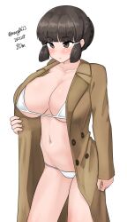 Rule 34 | 1girl, absurdres, alternate costume, bikini, blush, breasts, brown coat, brown eyes, brown hair, cleavage, closed mouth, coat, commentary request, cowboy shot, dated, hair ribbon, highres, kantai collection, large breasts, long sleeves, maru (marg0613), myoukou (kancolle), navel, one-hour drawing challenge, open clothes, open coat, ribbon, short hair, simple background, solo, swimsuit, tress ribbon, twitter username, white background, white bikini