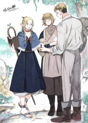 Rule 34 | 1boy, 2girls, anenaka, black footwear, blonde hair, blue capelet, blue eyes, blue hood, blue robe, book, boots, brown footwear, capelet, closed eyes, closed mouth, copyright name, dress, dungeon meshi, elf, falin touden, falin touden (tallman), full body, grey pants, highres, holding, holding book, holding staff, hood, hooded capelet, laios touden, long hair, long sleeves, marcille donato, multiple girls, outdoors, pants, pointy ears, robe, sandals, shirt, short hair, staff, standing, walking mushroom (dungeon meshi), white shirt