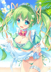 Rule 34 | 1girl, :d, apron, apron lift, aqua eyes, beach, blue sky, bow, bra, breasts, cleavage, clothes lift, cloud, commentary request, day, detached collar, detached sleeves, dress, flower, food-themed hair ornament, frilled apron, frilled bra, frilled sleeves, frills, green bra, green hair, green panties, hair ornament, hair ribbon, highres, lace trim, large breasts, lifting own clothes, long hair, looking at viewer, maid, maid headdress, mikeou, ocean, open mouth, original, outdoors, palm tree, panties, pineapple hair ornament, red neckwear, ribbon, side-tie panties, sky, smile, solo, standing, star (symbol), star hair ornament, summer, tree, twintails, underwear