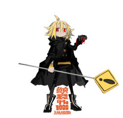 Rule 34 | 1girl, ahoge, black cape, black footwear, black pants, black shirt, blonde hair, blood, blood on hands, boots, cape, chrogire/girection, circle name, closed mouth, commentary request, expressionless, flipped hair, full body, gauntlets, hand up, holding, holding sign, jewelry, kokaki mumose, long sleeves, natsuka (chrogire), pants, pendant, red eyes, road sign, shirt, short hair, sign, simple background, single gauntlet, solo, standing, translation request, warning sign, white background