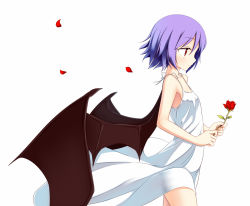 Rule 34 | 1girl, alternate costume, bare shoulders, bat wings, closed mouth, collarbone, dress, expressionless, female focus, flower, holding, holding flower, light purple hair, nightgown, no headwear, petals, profile, pspmaru, purple hair, red eyes, red flower, red rose, remilia scarlet, rose, rose petals, short hair, simple background, sleeveless, solo, straight hair, touhou, white background, white dress, wings