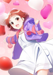 Rule 34 | 1girl, :3, :d, absurdres, balloon, blunt bangs, commentary request, cowboy shot, dress, glint, gradient background, hands up, heart balloon, highres, holding, holding balloon, hood, hood down, hooded jacket, idolmaster, idolmaster million live!, jacket, jewelry, light blush, long sleeves, looking at viewer, mikapoe, necklace, nonohara akane, open clothes, open jacket, open mouth, outstretched arm, pink background, pom pom (clothes), purple jacket, red eyes, red hair, short hair, sleeves past wrists, smile, solo, standing, striped clothes, striped jacket, white dress