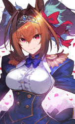 Rule 34 | 1girl, animal ears, antenna hair, blue bow, blue bowtie, blue coat, blue skirt, bow, bowtie, breasts, brown hair, buttons, closed mouth, coat, commentary, daiwa scarlet (umamusume), double-breasted, epaulettes, framed breasts, frilled shirt, frills, hair between eyes, hair bow, hair intakes, highres, horse ears, horse girl, large breasts, long hair, long sleeves, looking at viewer, nakamura eight, petals, pleated skirt, puffy long sleeves, puffy sleeves, red bow, red eyes, shirt, simple background, skirt, smirk, solo, tiara, twintails, umamusume, upper body, v-shaped eyebrows, white background, white shirt