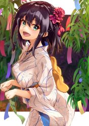 Rule 34 | 1girl, absurdres, bamboo, black hair, braid, breasts, commentary request, flower, green eyes, hair flower, hair ornament, half updo, highres, japanese clothes, kimono, large breasts, looking at viewer, medium hair, obi, open mouth, original, paper, sash, shunichi, solo, tanabata, tanzaku
