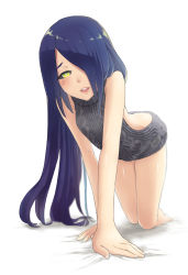 Rule 34 | 1girl, all fours, aran sweater, backless dress, backless outfit, bare shoulders, barefoot, bed sheet, black dress, black sclera, blue ribbon, blush, buck teeth, cable knit, colored sclera, dress, facial mark, fingernails, flat chest, full body, green eyes, hair over one eye, halterneck, highres, konno uto, lips, long hair, looking at viewer, meme attire, naked sweater, on bed, open mouth, original, pink lips, ribbed sweater, ribbon, simple background, solo, sweater, sweater dress, teeth, turtleneck, turtleneck sweater, very long hair, virgin killer sweater, white background