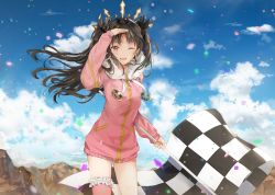Rule 34 | 1girl, alternate costume, bad id, bad pixiv id, black hair, blush, checkered flag, cloud, cloudy sky, confetti, crown, dangmill, day, earrings, fate/grand order, fate (series), flag, hair ribbon, hoop earrings, ishtar (fate), jewelry, long hair, looking at viewer, open mouth, race queen, red eyes, ribbon, sky, smile, solo, thighhighs, tohsaka rin, twintails, two side up