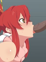 Rule 34 | 00s, 1girl, bare shoulders, blush, censored, fellatio, hair ornament, highres, loliconder, long hair, looking up, oral, penis, ponytail, red hair, scarf, simple background, sweat, tengen toppa gurren lagann, tongue, tongue out, yellow eyes, yoko littner