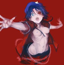 Rule 34 | 1girl, beret, blue eyes, breasts, bright pupils, colored sclera, commentary request, female pubic hair, fingernails, hat, jacket, jiangshi, looking at viewer, loose clothes, mismatched sclera, miyako yoshika, nipples, no bra, no panties, nuppehofu (nibuta), ofuda, open clothes, open jacket, open mouth, pubic hair, reaching, reaching towards viewer, red background, red jacket, red sclera, ribs, saliva, sharp fingernails, short hair, short sleeves, simple background, skinny, small breasts, solo, touhou, upper body, wide-eyed