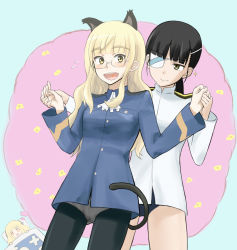 Rule 34 | 2girls, amaron, animal ears, black hair, blonde hair, blush, brown eyes, cat ears, cat tail, crotch seam, dreaming, eyepatch, glasses, holding hands, heart, heart in mouth, long hair, military, military uniform, multiple girls, no pants, one-piece swimsuit, open mouth, panties, panties under pantyhose, pantyhose, perrine h. clostermann, ponytail, sakamoto mio, school swimsuit, sleeping, smile, strike witches, swimsuit, swimsuit under clothes, tail, underwear, uniform, world witches series, yellow eyes
