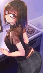 Rule 34 | 1girl, absurdres, akasaai, ass, back, black-framed eyewear, blush, breasts, brown eyes, brown hair, brown panties, brown shirt, closed mouth, commentary request, from side, glasses, highres, indoors, leaning, light smile, lips, looking at viewer, medium breasts, medium hair, original, panties, pantyhose, pencil skirt, see-through, shirt, sidelocks, skindentation, skirt, smile, solo, stove, underwear