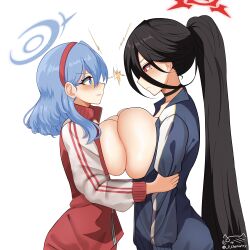Rule 34 | 2girls, absurdres, ako (blue archive), arm grab, asymmetrical docking, blue archive, blue eyes, blue hair, blush, breast contest, breast fight, breast press, breasts, breasts out, clenched teeth, eye contact, face-to-face, halo, hasumi (blue archive), hasumi (track) (blue archive), highres, huge breasts, jacket, large breasts, looking at another, mole, mole under eye, multiple girls, p chemistry, ponytail, rivalry, school uniform, teeth, tracen school uniform, track jacket, yuri