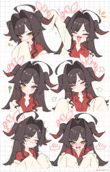 Rule 34 | 1girl, :&lt;, ?, ahoge, black hair, black horns, blue archive, blush, closed eyes, closed mouth, coat, collared shirt, demon horns, hair intakes, halo, highres, horns, kasumi (blue archive), lab coat, long hair, motion lines, multiple views, open mouth, red halo, red shirt, sasami (cho ge n ki), shirt, sleeves past fingers, sleeves past wrists, smile, sparkle, twitter username, walkie-talkie, white coat, yellow eyes