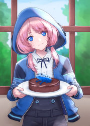 Rule 34 | 1girl, absurdres, arknights, black ribbon, blue eyes, blue jacket, blue poison (arknights), cake, closed mouth, cowboy shot, food, frog, highres, holding, holding tray, hood, hood up, hooded jacket, indoors, jacket, long hair, long sleeves, looking at viewer, low twintails, open clothes, open jacket, owanwan 1205, pink hair, ribbon, shirt, smile, solo, tray, twintails, unzipped, white shirt, window