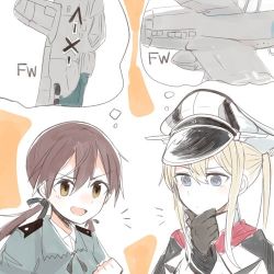 Rule 34 | &gt;:d, 10s, 2girls, :d, bad id, bad twitter id, blonde hair, blue eyes, brown eyes, brown hair, crossover, fw 190, gertrud barkhorn, gloves, grabbing another&#039;s chin, graf zeppelin (kancolle), hand on another&#039;s chin, hat, itomugi-kun, kantai collection, lowres, multiple girls, open mouth, orange background, pale skin, ribbon, simple background, smile, strike witches, striker unit, thought bubble, twintails, v-shaped eyebrows, world witches series