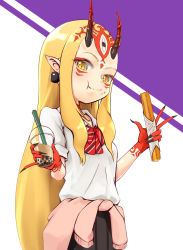 Rule 34 | 1girl, black skirt, blonde hair, clothes around waist, commentary request, drink, earrings, eating, facial mark, fate/grand order, fate (series), fingernails, food, from below, highres, holding, holding drink, holding food, horns, ibaraki douji (fate), jewelry, long hair, looking at viewer, oni, oni horns, oniku (pixiv 28205308), pointy ears, sharp fingernails, shirt, skirt, solo, sweater, sweater around waist, tattoo, white shirt, yellow eyes