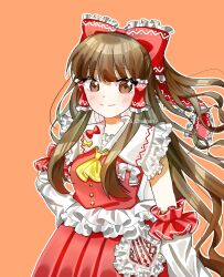 Rule 34 | 1girl, ascot, blush, bow, brown eyes, brown hair, closed mouth, commentary request, detached sleeves, frilled bow, frilled hair tubes, frills, hair bow, hair tubes, hakurei reimu, highres, long hair, orange background, red bow, red skirt, skirt, skirt set, smile, solo, tara5 chaahan, touhou, twitter username, very long hair, white bow, yellow ascot